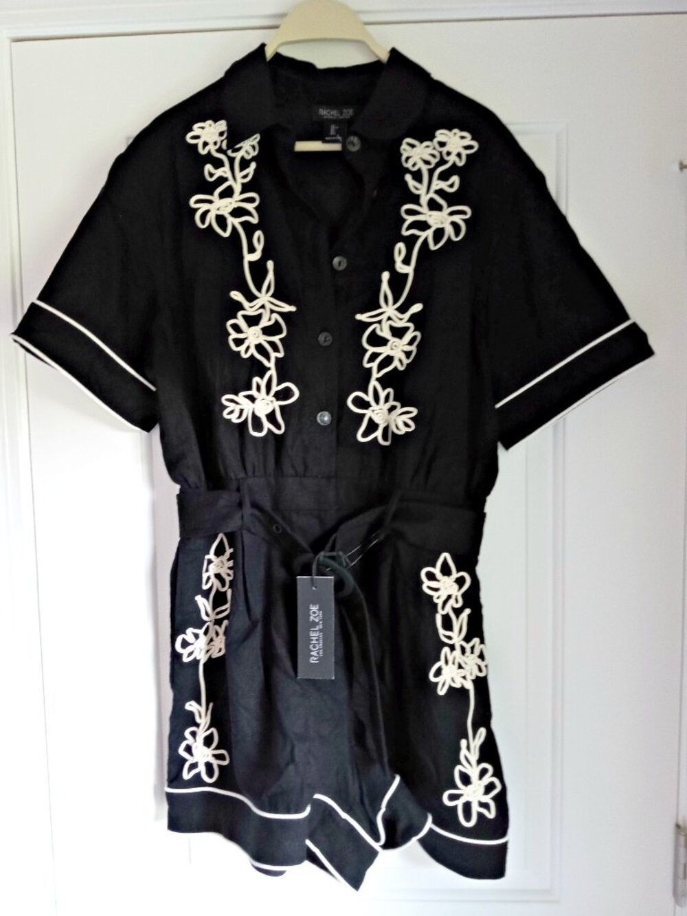 NEW! 190.00 RACHEL ZOE BELTED BLACK LINEN ROMPER SZ L